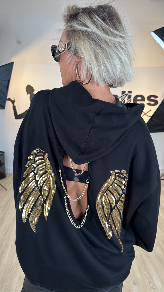 sweat oversize chic femme avec ailes dorées sequins et chaines au dos