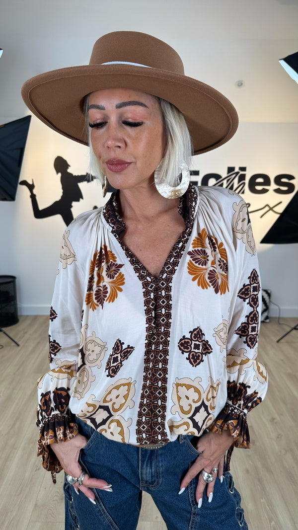 blouse bohème chic fluide femme camel et crème