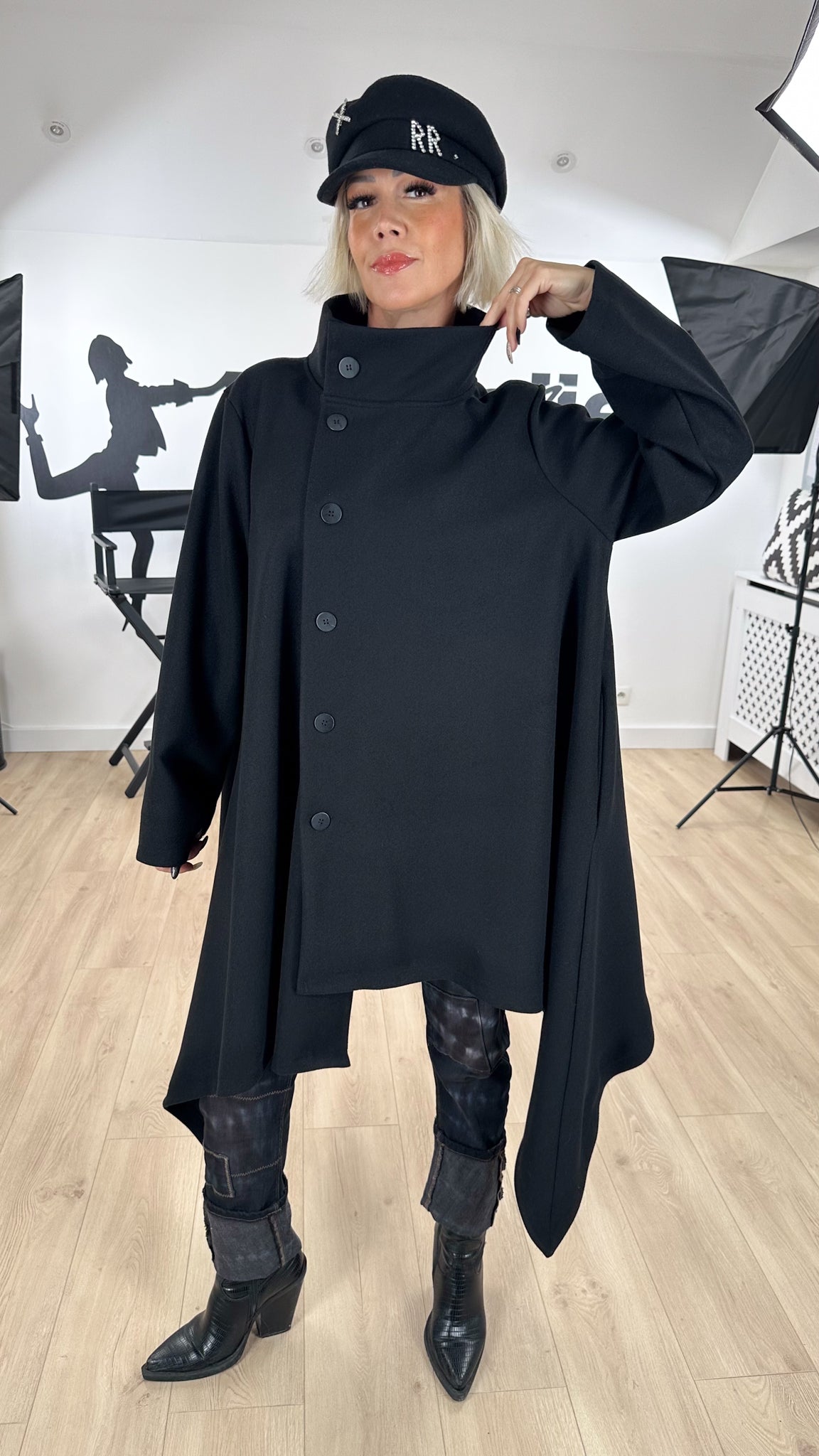 manteau_femme_fabrication_italienne_coupe_destructuré_3/4_feutrine_fashion_style_fluide_col_montant_look