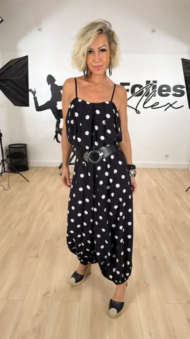 Image of salopette_femme_fashion_mode_été_légère_bretelles_volume_confort_motif_pois_viscose