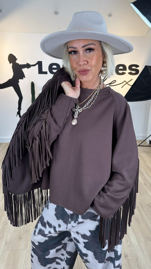 sweat bohème chic femme avec franges marron automne mode moto boho